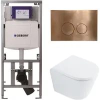 Geberit QeramiQ Dely Toiletset - 36.3x51.7cm - diepspoel - rimless - UP320 inbouwreservoir - met Burda frame - softclose toilet zitting 35 mm - koperen bedieningsplaat - ronde knoppen - wit glans