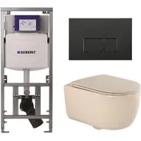 Geberit QeramiQ Dely Swirl Toiletset - 36.3x51.7cm - UP320 inbouwreservoir - met Burda frame - slim zitting - mat zwarte bedieningsplaat - rechthoekige knoppen - mat beige