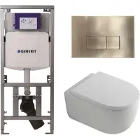 Geberit QeramiQ Dely Swirl Toiletset - 36.3x51.7cm - diepspoel - rimless - UP320 inbouwreservoir - met Burda frame - 35mm zitting - geborsteld messing bedieningsplaat - rechtehoekige knoppen - mat wit