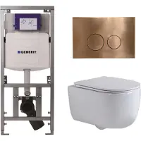 Geberit QeramiQ Dely Swirl Toiletset - 36.3x51.7cm - UP320 inbouwreservoir - met Burda frame - slim zitting - koperen bedieningsplaat - ronde knoppen - glans wit 0701131/SW706196/SW1000766/SW106256