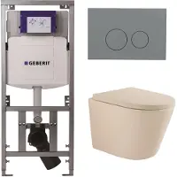 Geberit QeramiQ Dely Swirl Toiletset - 36.3x51.7cm - UP320 inbouwreservoir - met Burda frame - 35mm zitting - bedieningsplaat licht grijs - ronde knoppen - mat beige