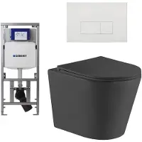 Geberit QeramiQ Dely Toiletset - 36.3x51.7cm - diepspoel - rimless - UP320 inbouwreservoir - met Burda frame - softclose toiletzitting - glans witte bedieningsplaat - rechtehoekige knoppen - mat zwart