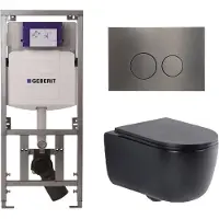 Geberit QeramiQ Dely Swirl Toiletset - 36.3x51.7cm - UP320 inbouwreservoir - met Burda frame - slim zitting - gunmetal bedieningsplaat - ronde knoppen - mat zwart 0701131/SW706198/SW1000768/SW1026258