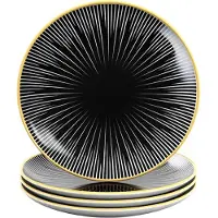 Intirilife 4x Porseleinen bord gestreept - Zwart Wit - Diameter 20.5 cm - Ontbijtbord Dessertbord Serveerbord voor salade Fruit Pasta Dessert Hoofdgerecht en snacks