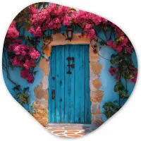 MuchoWow Organische wanddecoratie 90x90 cm - Organisch schilderij Deur - Hout - Bloemen - Blauw - Muurdecoratie woonkamer - Kamer decoratie - Schilderijen - Muurcirkel aesthetic
