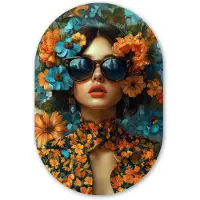 MuchoWow Muurovaal 40x60 cm - Ovale wanddecoratie Vrouw - Bloemen - Oranje - Blauw - Modern - Ovalen schilderij - Muurdecoratie woonkamer - Kamer decoratie - Schilderijen - Wandcirkel