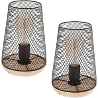 Atmosphera Tafellamp Soho - 2x - draad metaal/hout - zwart - H24 cm - Designlamp - met snoer