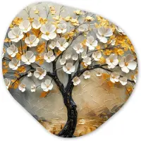 MuchoWow Organische wanddecoratie 90x90 cm - Organisch schilderij Boom - Bloemen - Goud - Beige - Muurdecoratie woonkamer - Kamer decoratie - Schilderijen - Muurcirkel aesthetic