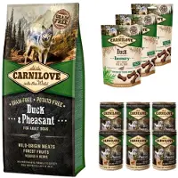 Carnilove eend fazant 12kg met 6 blikken natvoer & 3 snacks maandpakket hondenvoer