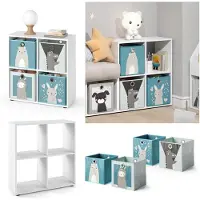 Vicco Tetra Kinderboekenkast – 72.6 x 72 cm met 4 vouwboxen (grijs/blauw) Wit