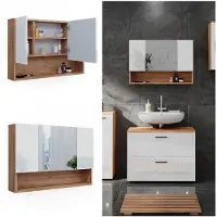 Vicco Irma Badkamerspiegelkast – 80.1 x 55 cm Wit hoogglans/goud power eiken