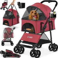 LOVPET Hondenbuggy 2-in-1 – Opvouwbare Hondenwagen met Tas – Rood – 20kg