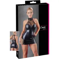 Cottelli collection - Wetlook Mini Halterjurkje Met Kant - M - Zwart