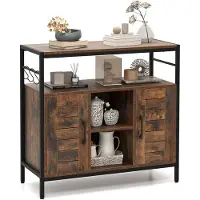 Costway Dressoir, keukenkast met 3 haken, commode met 2 deuren, open vakken, verstelbare planken, opbergkast voor keuken, eetkamer, woonkamer, industriële stijl 84 x 35 x 80 cm vintage bruin zwart