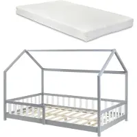 En.casa Kinderbed Hesel huisbed met matras en uitvalbeveiliging 140x200 cm grijs [] [neu.haus]