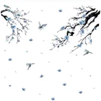 Universeel Aquarel Blauw en Wit Porselein Takje Vogel Muurstickers voor Slaapkamer en Woonkamer - TV Achtergrond Woondecoratie Muurtattoo