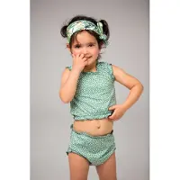 Ducksday - Omkeerbare baby tankini met haarlint - voor meisjes - UPF 50+ - Driedelige zwemset - Toucan - Tropisch groen - Maat 80