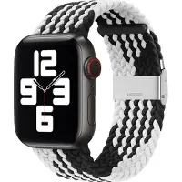 Mobigear Nylon Watch bandje geschikt voor Apple Watch Bandje Klemsluiting | Braided - 49/46/45/44 mm - Zwart / Wit