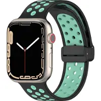 Mobigear Siliconen Watch bandje geschikt voor Apple Watch Bandje Magneetsluiting | Sport Plus Mag - 49/46/45/44 mm - Zwart / Turquoise