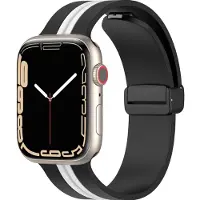 Mobigear Siliconen Watch bandje geschikt voor Apple Watch Bandje Magneetsluiting | Stripe Mag - 49/46/45/44 mm - Zwart / Wit