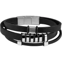Akzent leren heren armband met roestvrij stalen elementen zwart/zilver 23cm.