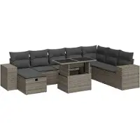 vidaXL 9-delige tuinmeubelset met kussens, grijs, polyrotan