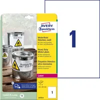 Avery L4775-8 Folie-etiketten 210 x 297 mm Polyester folie Wit 8 stuk(s) Permanent hechtend Laser (kleur), Laser (zwart/wit), Kopiëren (kleur),