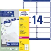 Avery L7163, Adresetiketten, Laser, Ultragrip, wit, 100 vellen, 14 per vel, 99,1 x 38,1 mm