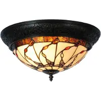 LumiLamp Deklamp Tiffany, Ø 38x19 cm, beige, bruin, glas, vlinder