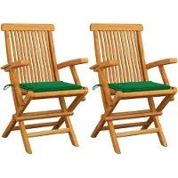 vidaXL Klapstoelen met groene kussens, 2 stuks, massief teak hout