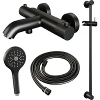 Brauer Black Carving thermostatische badkraan met glijstang en 3 standen handdouche mat zwart