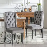 Merax Set van 2 Luxe Eetkamerstoelen met Chromen Deurklopper en Knoopdetails – Grijs Velvet en Eikenhouten Poten