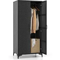 Costway Tuinkast, rotan, kledingkast, opbergkast voor buiten, met hangstang en 2 deuren, weerbestendige terraskast, gereedschapskast voor tuin, slaapkamer, 72 x 50 x 157 cm