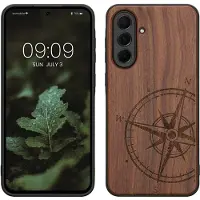Kwmobile telefoonhoesje geschikt voorSamsung Galaxy A36 5G - Hoesje met bumper - hout - In donkerbruin Vintage Kompas design