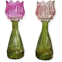 DK Design Daan Kromhout - Waxine houders - Kaarsenhouders - Set van 2 - Tulp - Glas - Roze Mix - 7x22cm