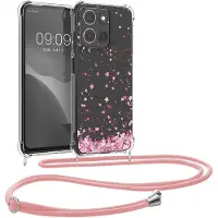 Kwmobile telefoonhoesje geschikt voor Motorola Moto G15 - Hoesje met telefoonkoord - Back cover voor smartphone - Case in poederroze / donkerbruin / transparant