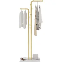 UNHO Metalen Kapstok - Vrijstaande Kapstok - Dubbele Stok Kledingrek - met Marmeren Voet en 5 Haken - Gouden Kledingrek - Hoedenstandaard - voor Ingang Woonkamer Slaapkamer Kantoor