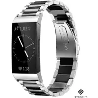 Strap-it Stalen schakel bandje - geschikt voor Fitbit Charge 3 / Charge 4 (zilver/zwart)