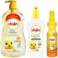 Dalin Babyverzorgingsset met Shampoo 900ml, Ontklitspray 200ml en Babyolie Spray 200ml – Hypoallergeen en Mild voor de Gevoelige Huid