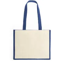 Roly 10 katoenen gelamineerd jute tassen met lange Blauw gekleurde hengsels. Model Nantes geschikt voor sublimatie