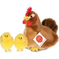 Cornelissen Pluche kip knuffel - 16 cm - multi kleuren - met 2x gele kuikens van 7 cm - kippen familie - Pasen decoratie/versiering