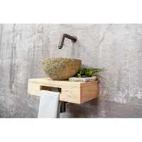 Saniclear Seba fonteinset met eiken plank, rivierstenen waskom en kraan in verouderd messing voor in het toilet