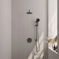 Brauer Gunmetal Carving thermostatische inbouw regendouche met 3 standen handdouche, gebogen muurarm, glijstang en hoofddouche 20cm set 93 gunmetal geborsteld PVD