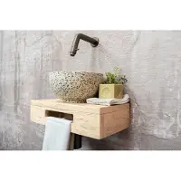 Saniclear Seba fonteinset met eiken plank, zwart-witte terrazzo waskom en kraan in verouderd messing voor in het toilet