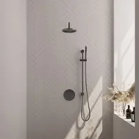 Brauer Gunmetal Edition thermostatische inbouw regendouche met staafhanddouche, gebogen muurarm, glijstang en hoofddouche 20cm set 87 gunmetal geborsteld PVD