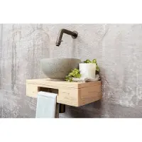 Saniclear Seba fonteinset met eiken plank, grijze waskom en kraan in verouderd messing voor in het toilet