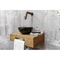 Saniclear Seba fonteinset met bruin eiken plank, zwarte waskom en kraan in verouderd messing voor in het toilet