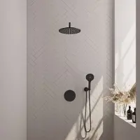 Brauer Black Carving thermostatische inbouw regendouche met 3 standen handdouche, gebogen muurarm en hoofddouche 30cm set 82 zwart mat