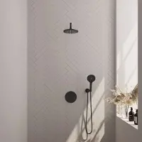 Brauer Black Edition thermostatische inbouw regendouche met 3 standen handdouche, gebogen muurarm en hoofddouche 20cm set 81 zwart mat