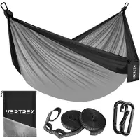 VERTREX Hammock Pro Hangmat met Band en Karabijnhaak voor hangmatten - 270 x 140 cm - Max 200 kg - Grijs/Zwart